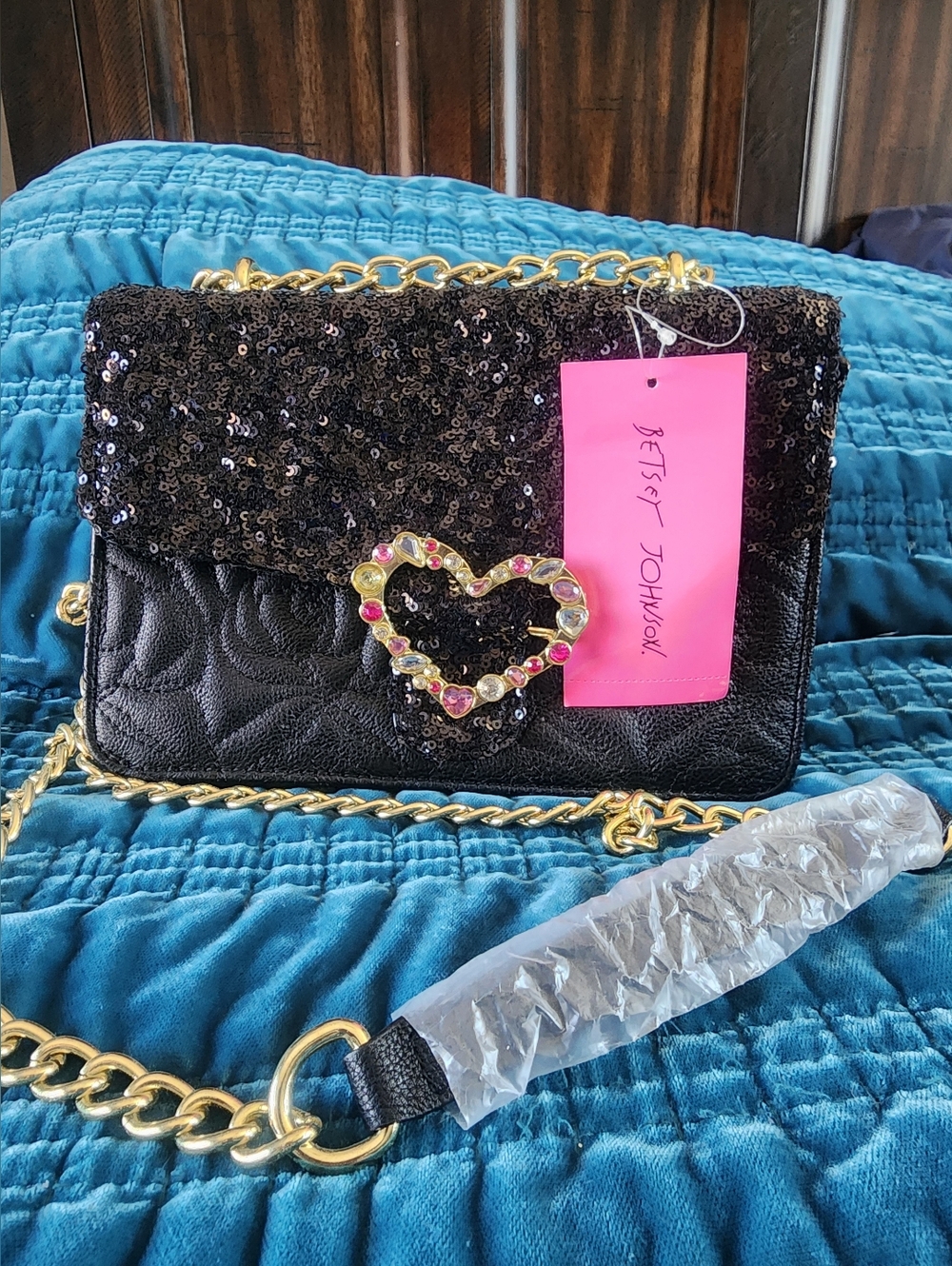 Betsey Johnson Black Sequin Heart-Embellished Crossbody Bag
